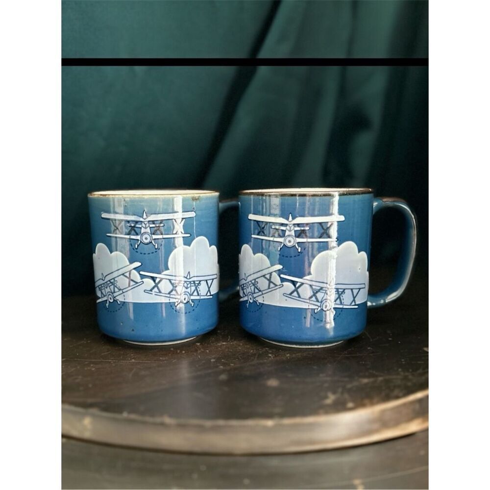 2 Vintage Otagiri Hand Painted Biplanes & Clouds Mug Cups Aviation History Airpl